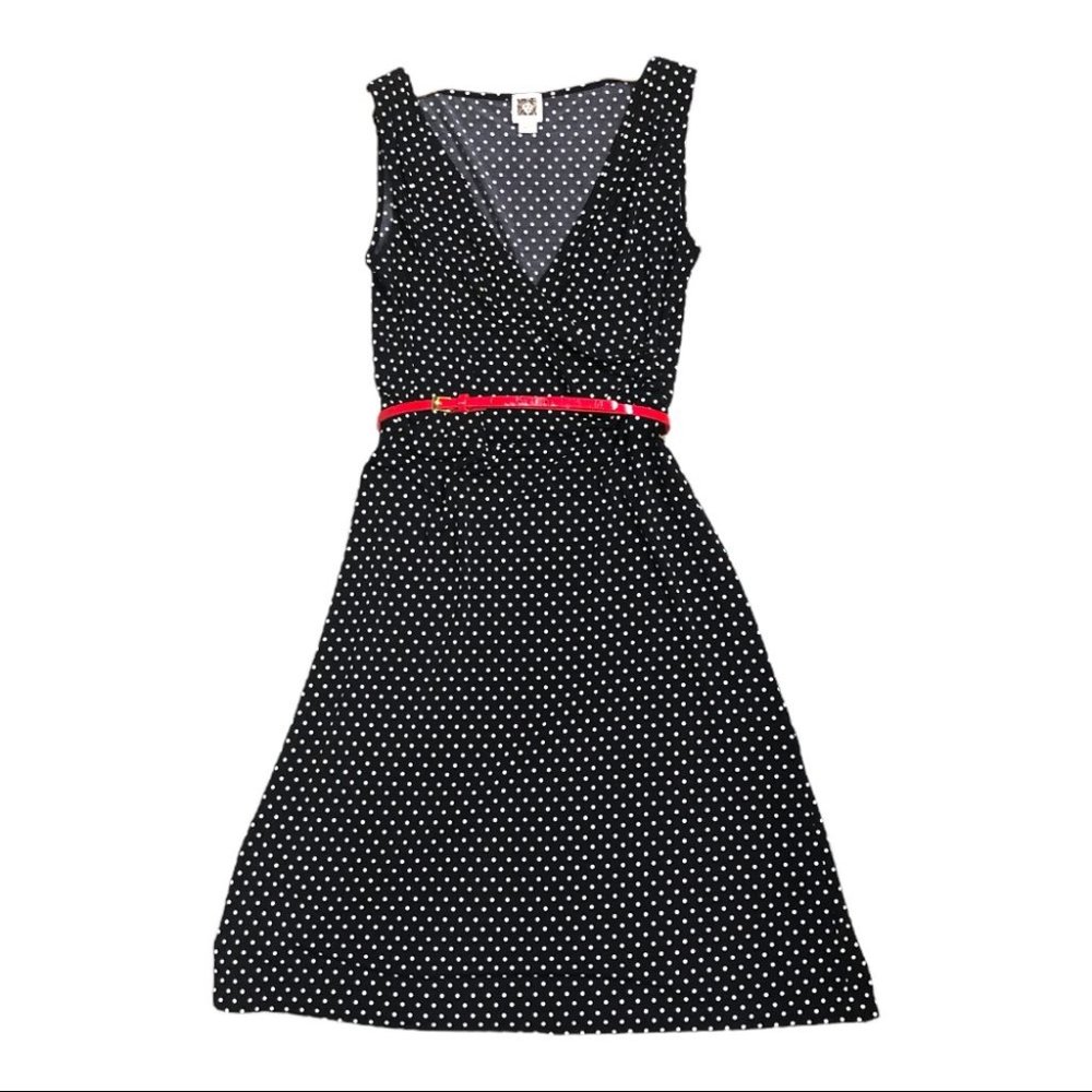 Anne Klein Stretch Sleeveless Black w/ Cream Polka Dot & Red Belt Dress Size S